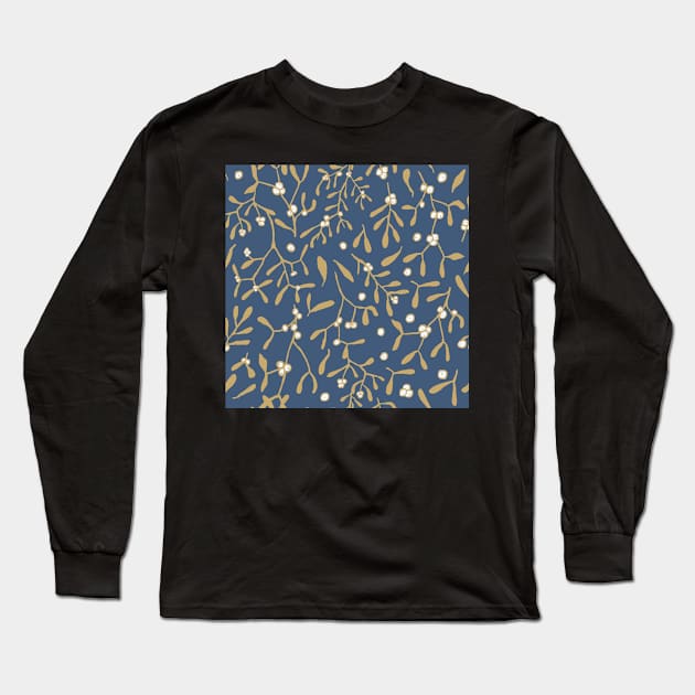 golden mistletoe and berries on dark cobalt blue seamless repeat pattern Long Sleeve T-Shirt by colorofmagic